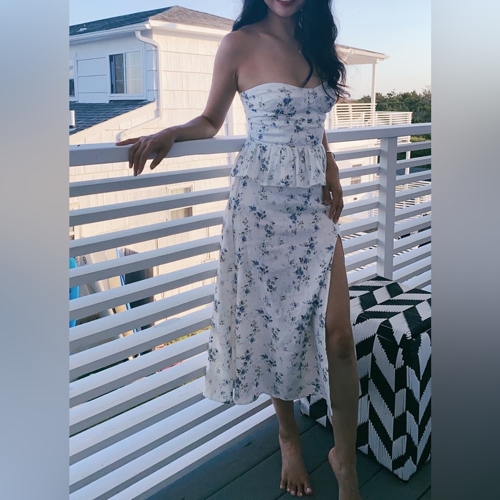 REFORMATION _ Madeline Floral Blue White Strapless Bustier and Slit Skirt Set